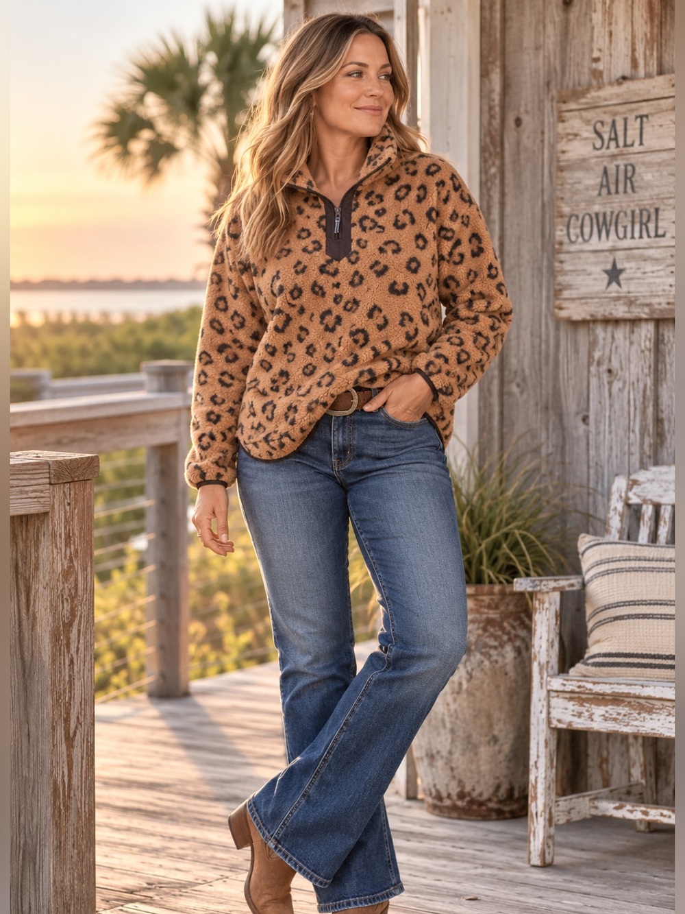 Simply Southern Leopard Sherpa Quarter Zip Pullover XL NWT